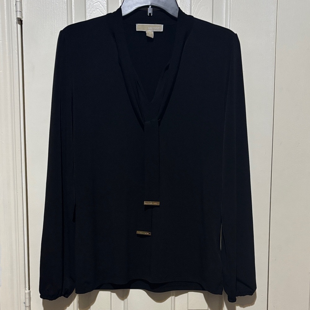 Michael Kors Black V-Neck Tie-Front Long Sleeve Blouse Sz M